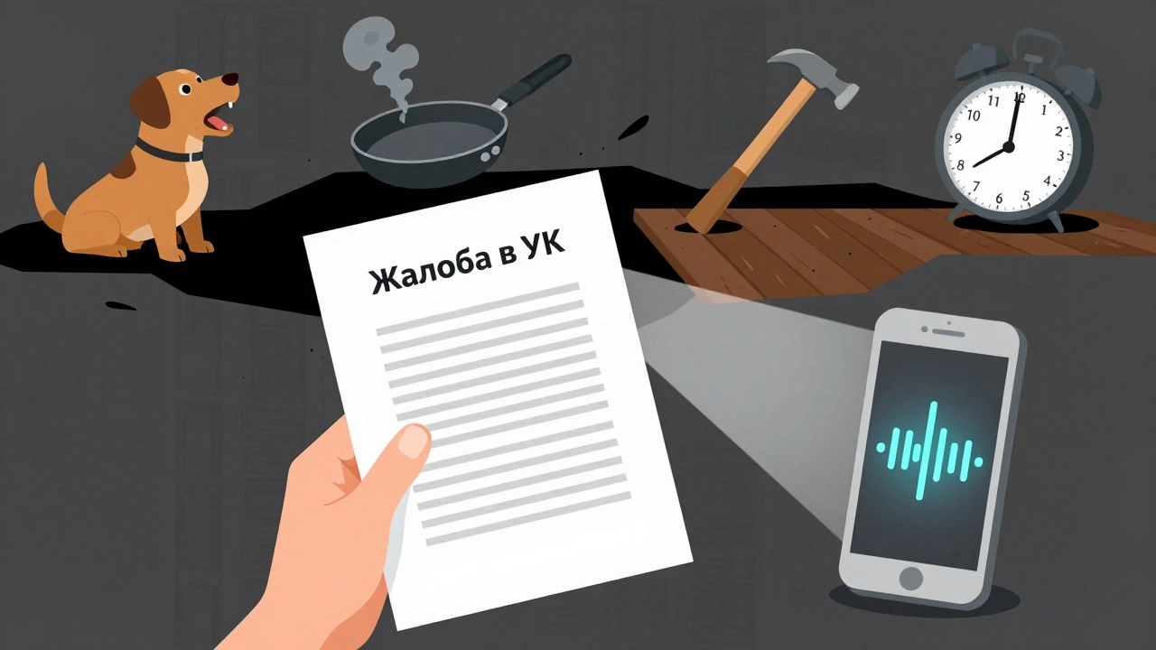 Юридическая жалоба на фоне символов шума, лая и часов, показывающих нарушение тишины.