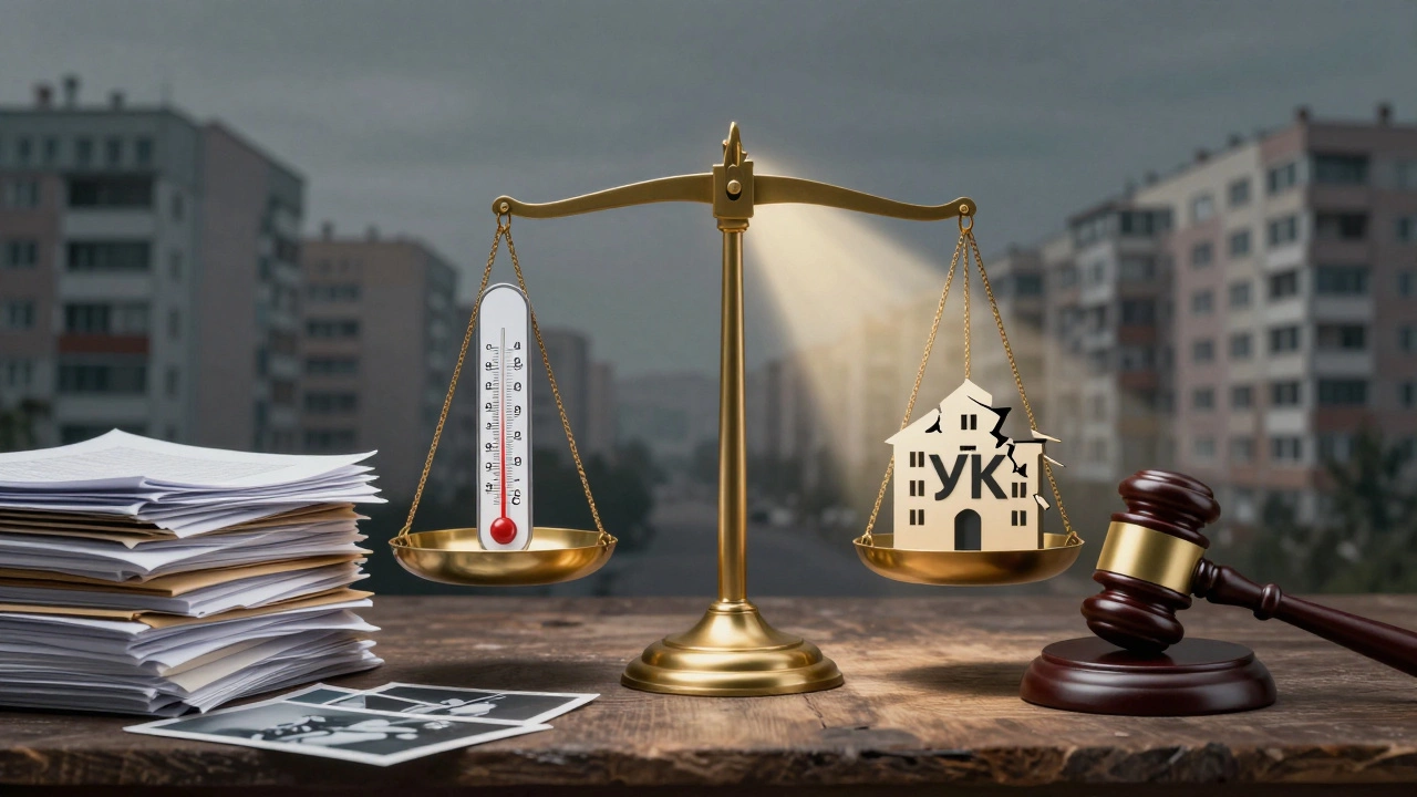 Весы с доказательствами нарушений и падающей управляющей компанией.