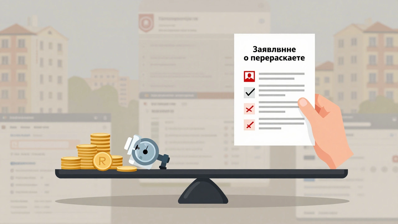 Весы: с одной стороны — ошибочные платежи, с другой — заявление на перерасчёт.