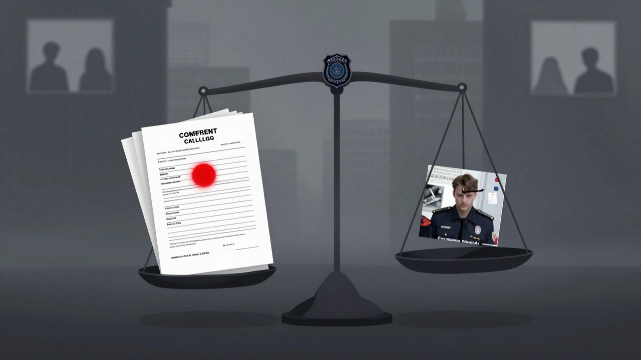 Весы с полицейским значком и стопкой документов — жалобы, фото ущерба, запись звонка — символизируют ответственность власти.