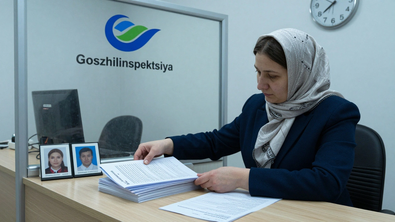 Женщина подаёт документы на перерасчёт в жилинспекции, на столе — доказательства.