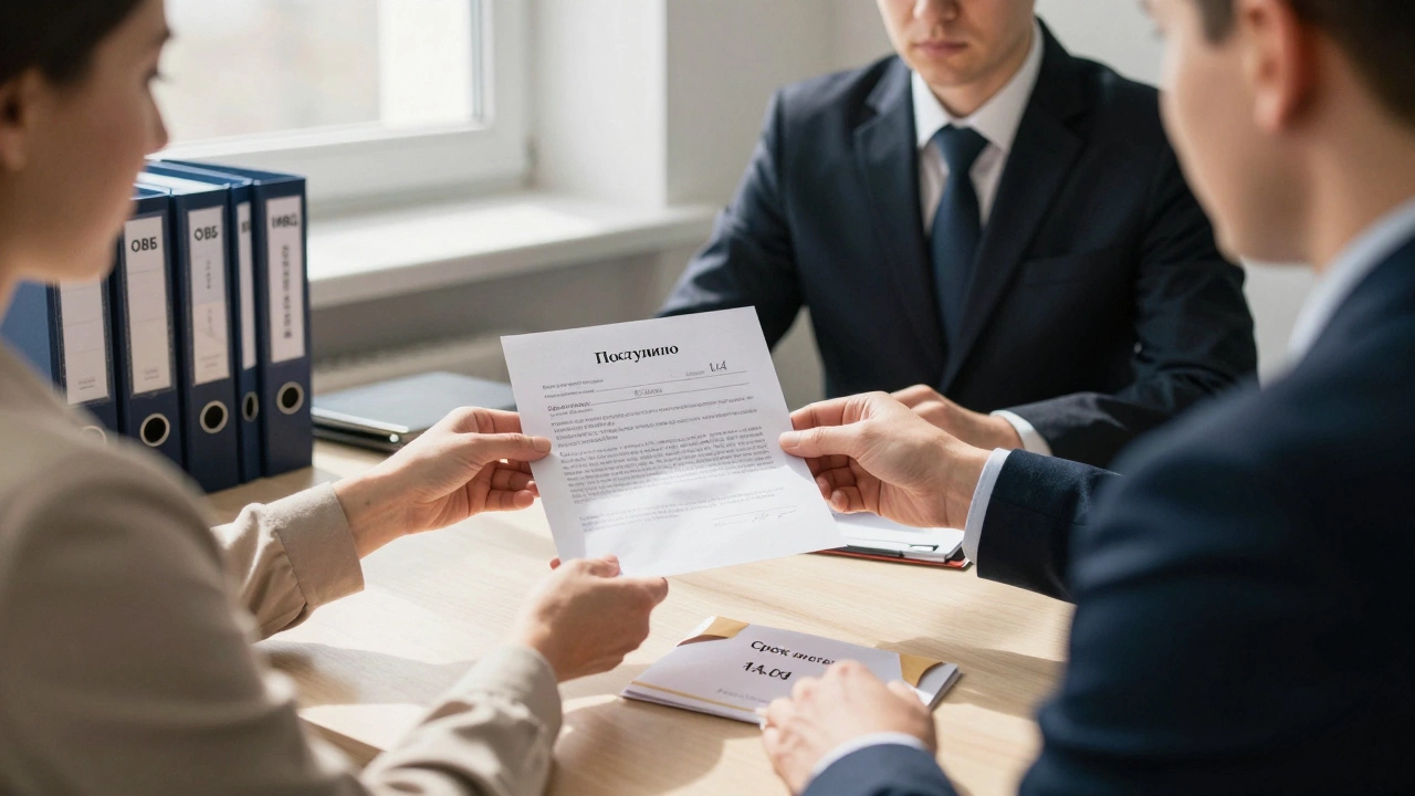 Женщина подает жалобу на бездействие полиции в прокуратуре, на столе лежит конверт с датой поступления.