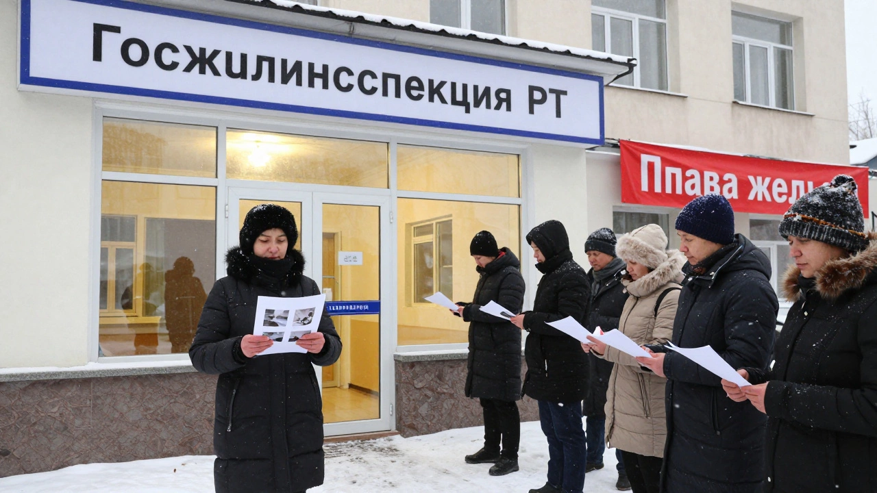 Женщина подаёт жалобу в жилищную инспекцию Казани, рядом другие жильцы ожидают своей очереди.