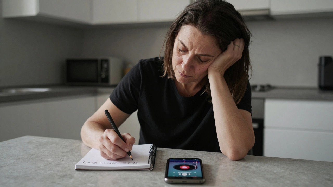 Женщина записывает шум в дневник, рядом телефон с записью музыки.