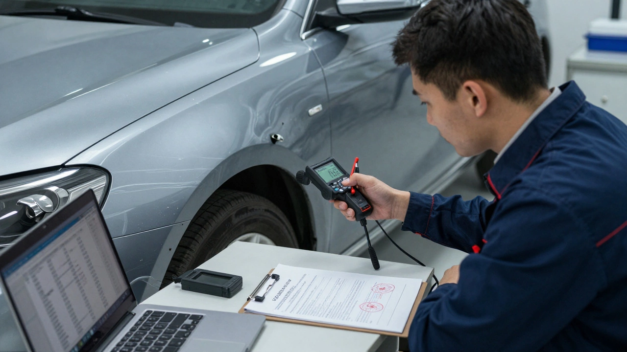 Автотехник в мастерской проводит независимую экспертизу поврежденного автомобиля с использованием цифровых инструментов.