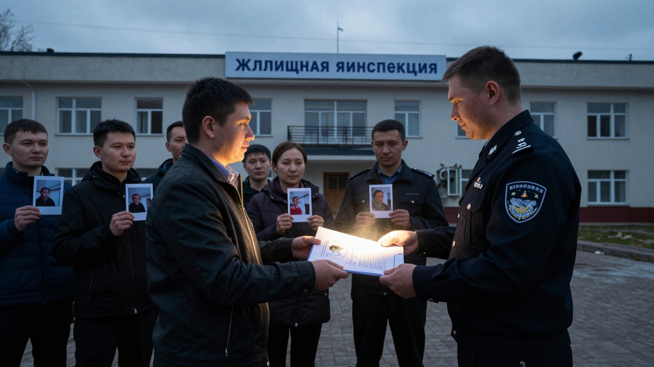 Группа жильцов перед зданием жилищной инспекции передает документы.
