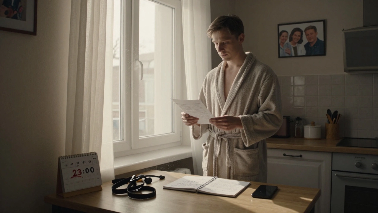 Мужчина в халате читает жалобу на кухне, на столе — заметки, поводок для собаки и закрашенный календарь.