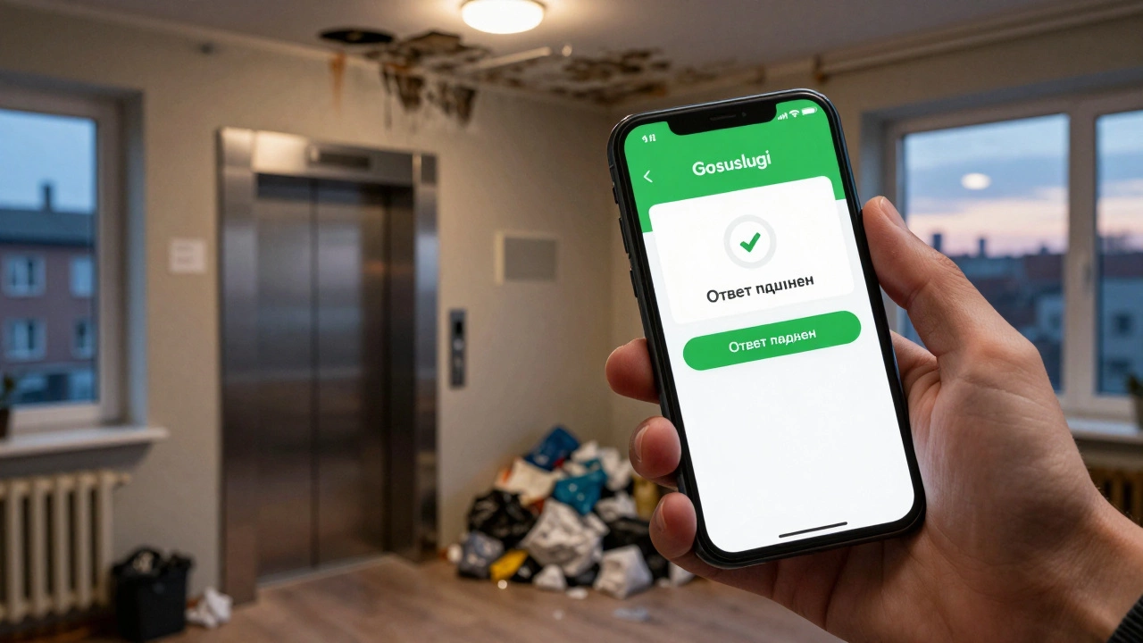 На экране смартфона статус жалобы 'Ответ получен', за окном — сломанный лифт и наваленный мусор.