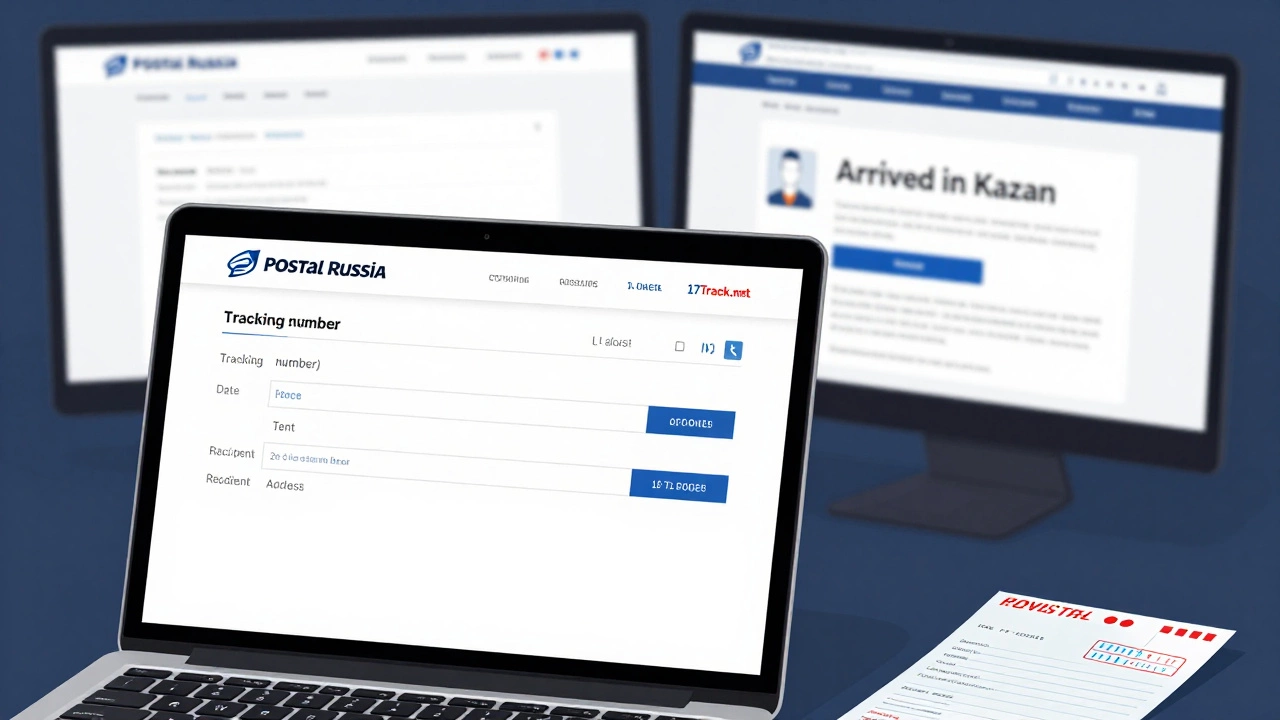 Онлайн-форма жалобы в Почту России с двумя трекерами на экране: один без обновлений, второй показывает прибытие посылки.