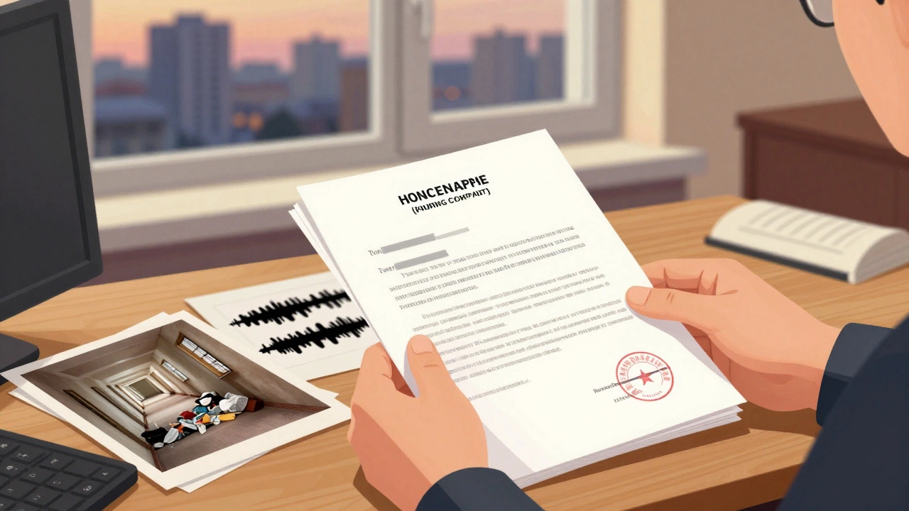 Подача жалобы в жилищную инспекцию: документы, фото и печать на столе, за окном — городской пейзаж.