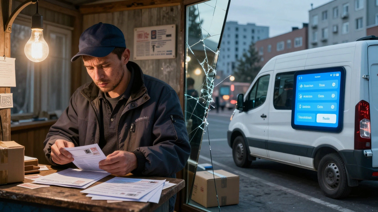 Разделённая сцена: ручная сортировка в деревне и современная доставка в городе.