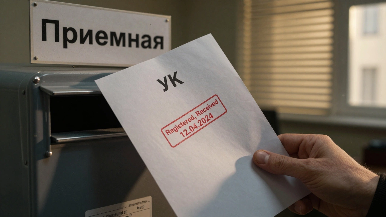 Рука кладет зарегистрированное письмо в почтовый ящик с штампом получения.