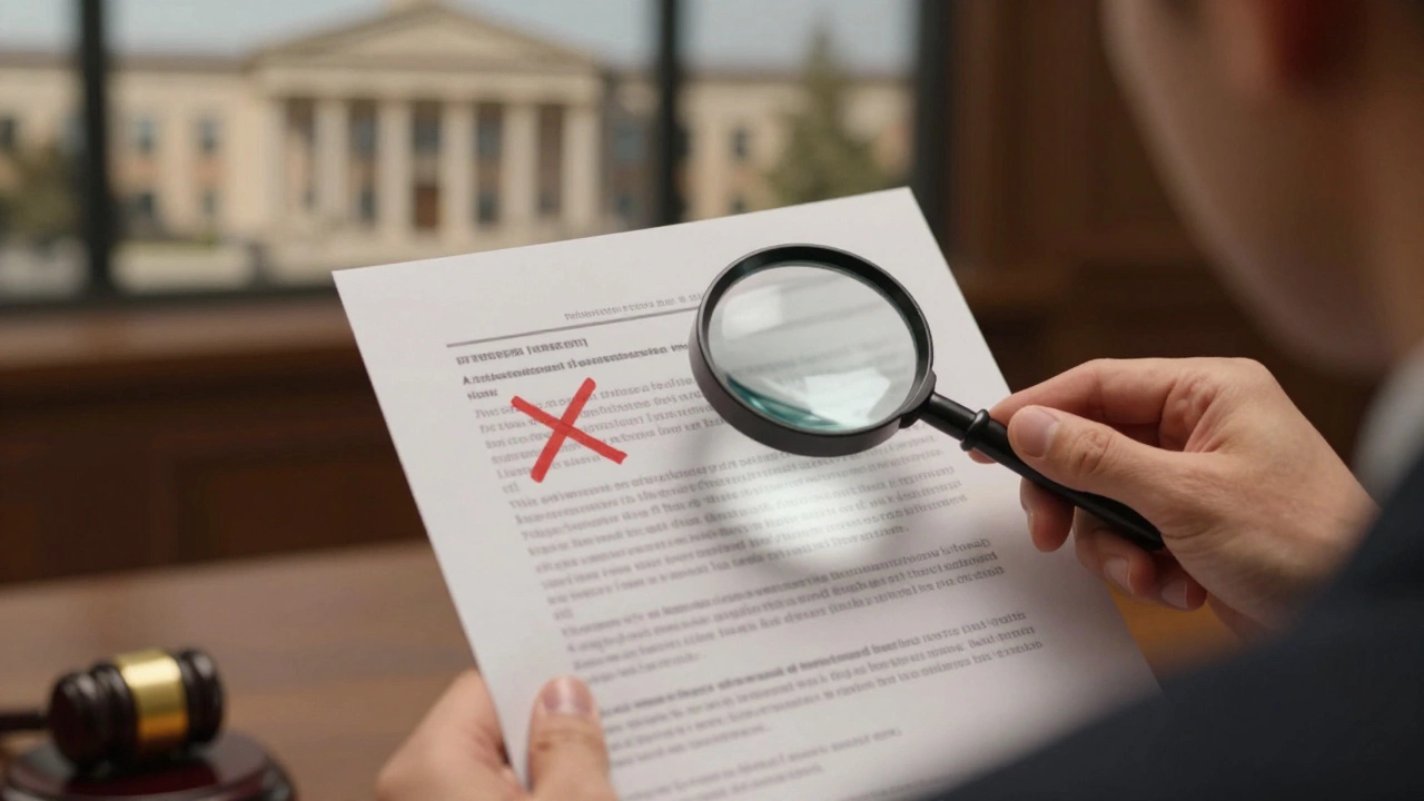 Юрист рассматривает документы с увеличительным стеклом в офисе.