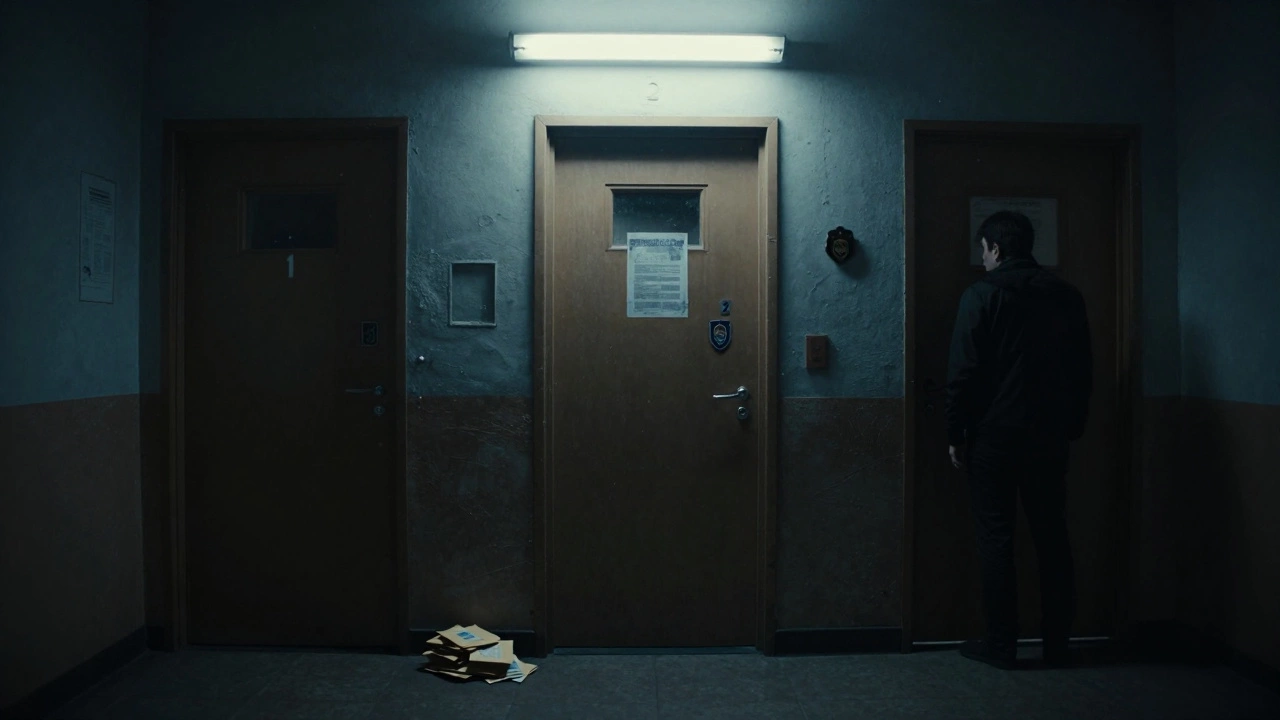 В коридоре многоквартирного дома — три двери, одна с жалобой и полицейским значком, на полу — нераскрытые письма.