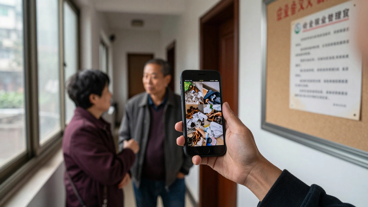 Жилец показывает фотографии нарушений соседу, который кивает в подтверждение.