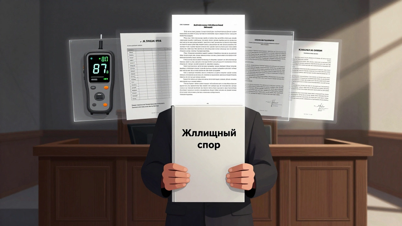 Человек держит папку с доказательствами перед судом, вокруг плавают документы и измерения шума.