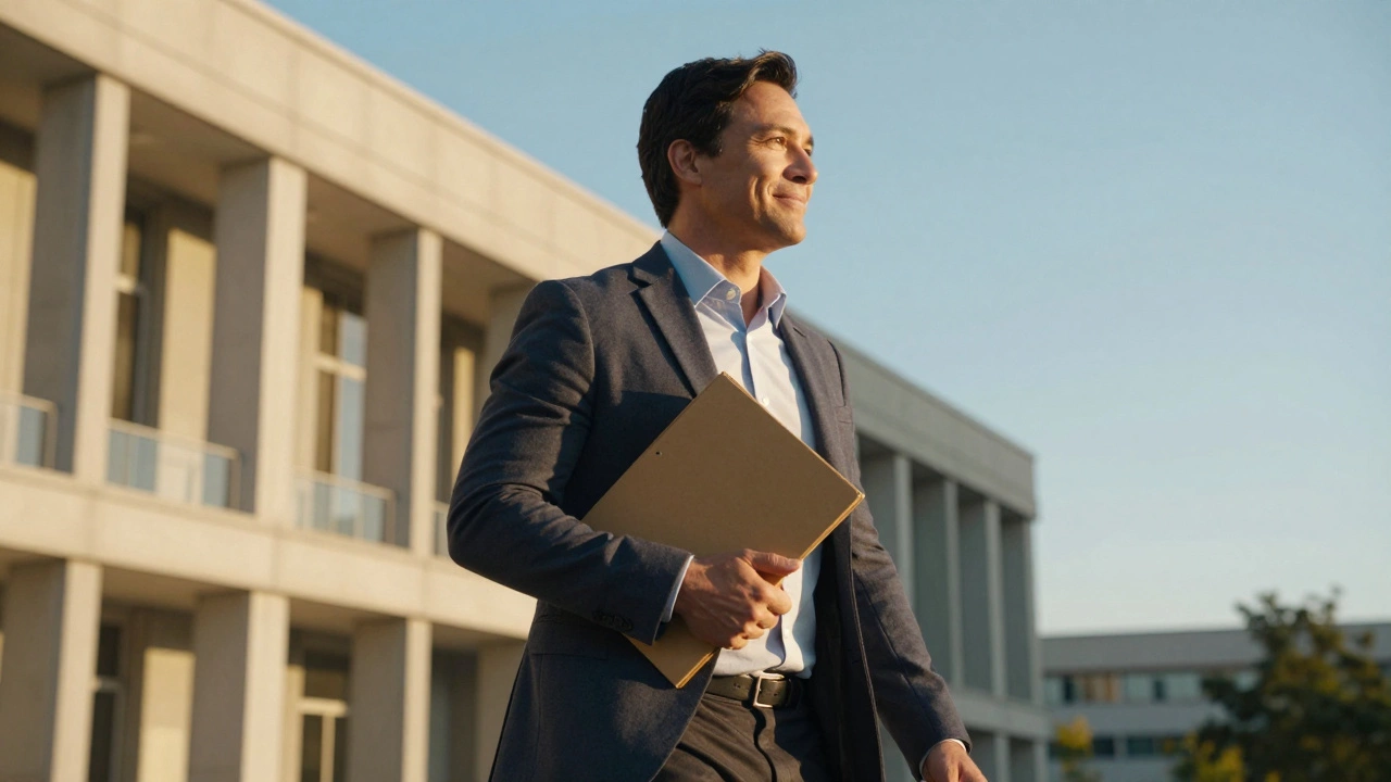 Довольный клиент уходит от здания государственной службы.