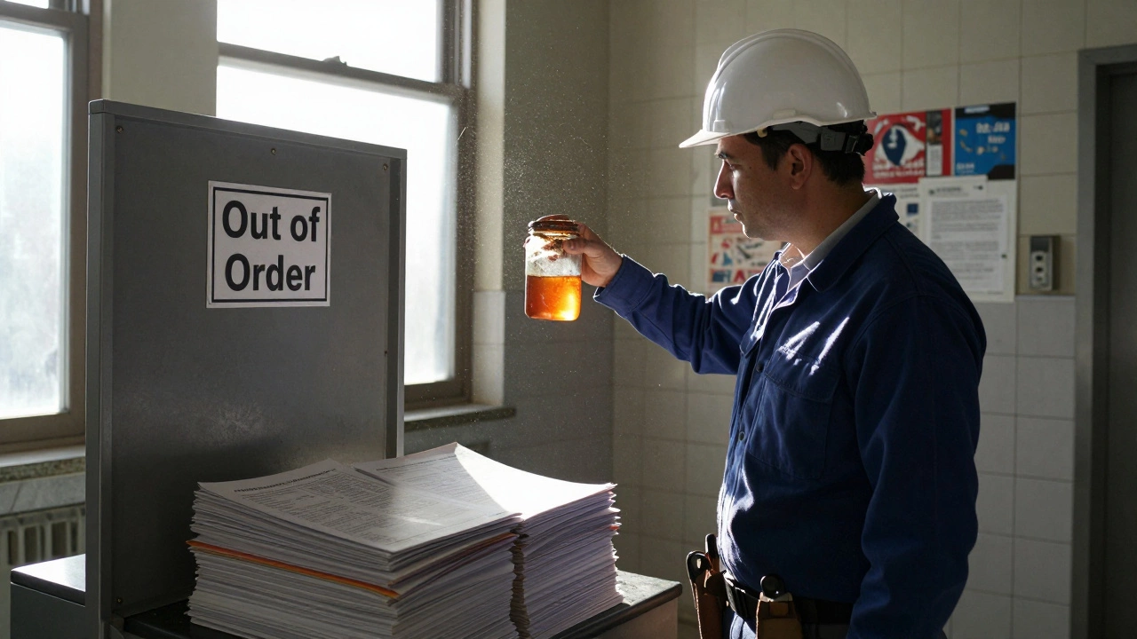 Инспектор берет пробу ржавой воды в подъезде с сломанным лифтом и разваливающимися плитками.