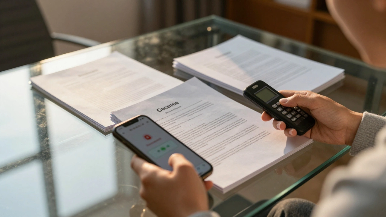 Клиент с документами и телефоном чувствует облегчение после решения проблемы.