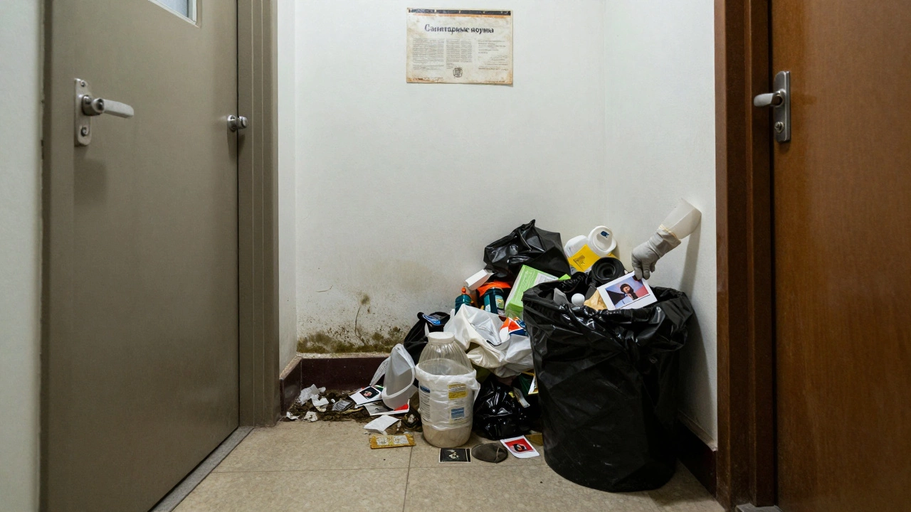 Мусор лежит в подъезде у двери квартиры, на стене видна надпись о санитарных нормах.