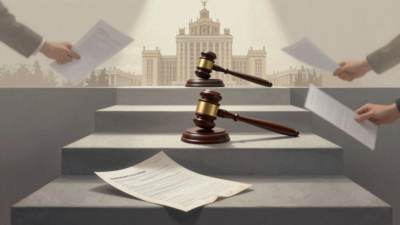 Символическая сцена: жалобы граждан поднимаются через инстанции — от полиции к прокуратуре и Госдуме.