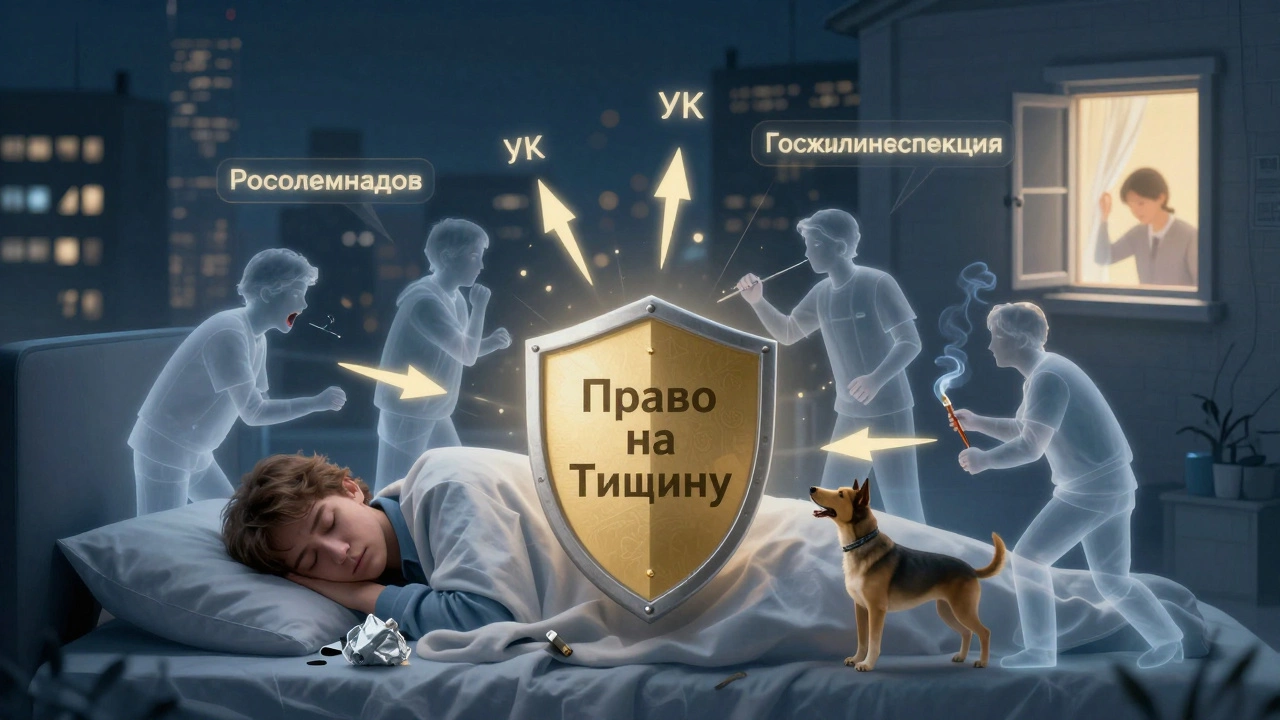 Щит 'Право на тишину' защищает спящего человека от пяти нарушений: шума, мусора, запахов, животных и дыма.