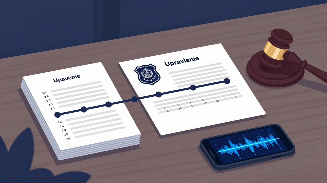 Стек stack документов, полицейский значок и гavel на столе с телефоном, показывающим запись ночного шума.