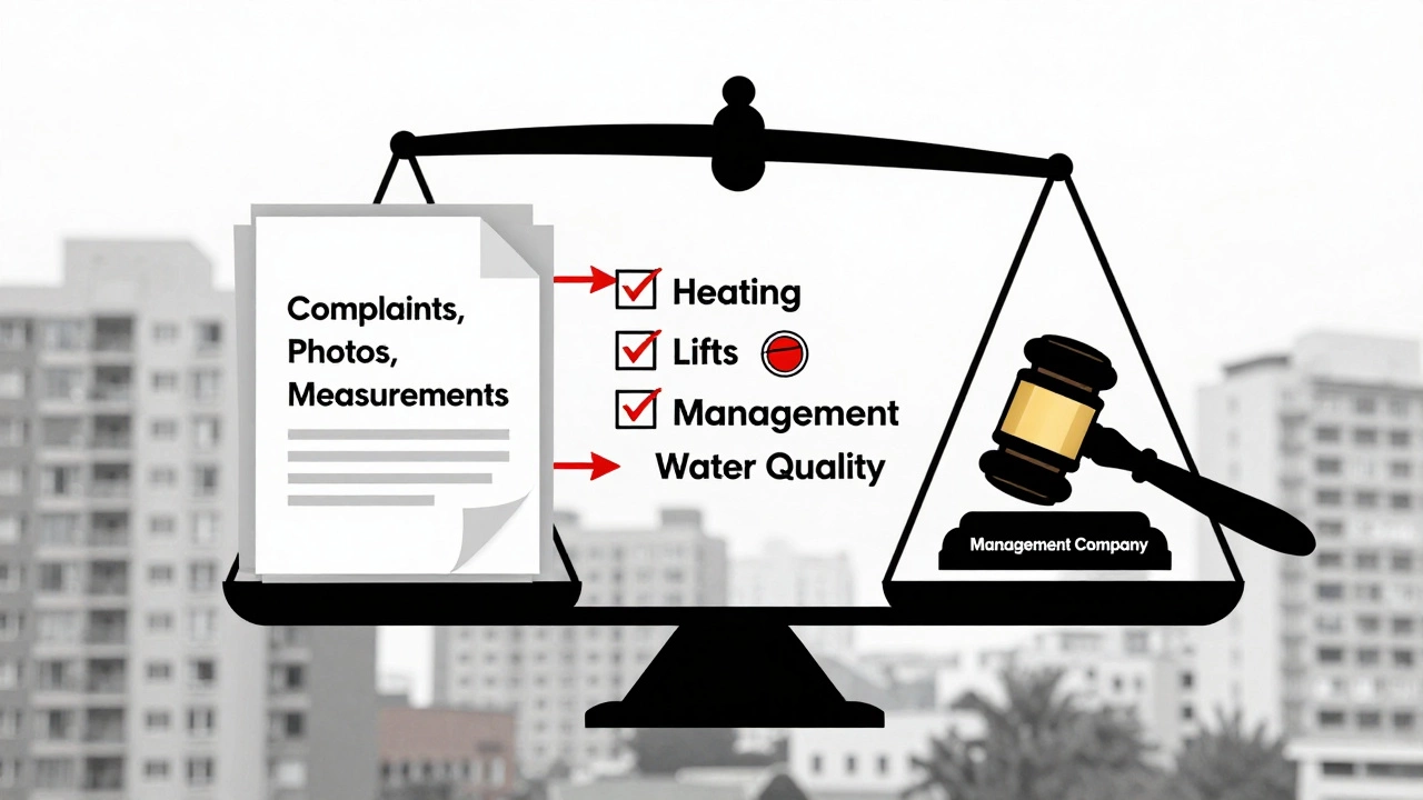 Весы: доказательства жалоб против корпоративной компании, символизирующие контроль за ЖКХ.