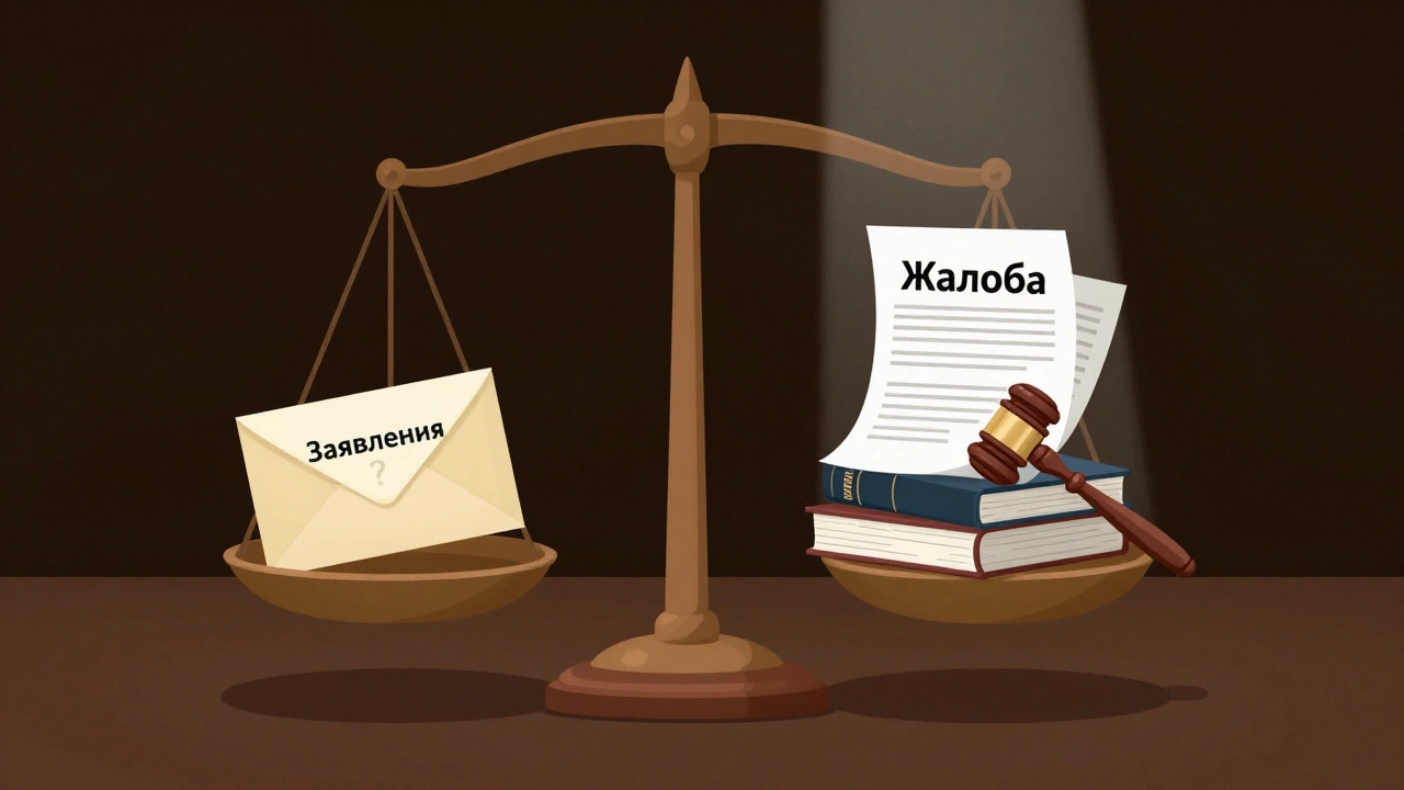 Весы справедливости: жалоба перевешивает заявление как правовой инструмент.