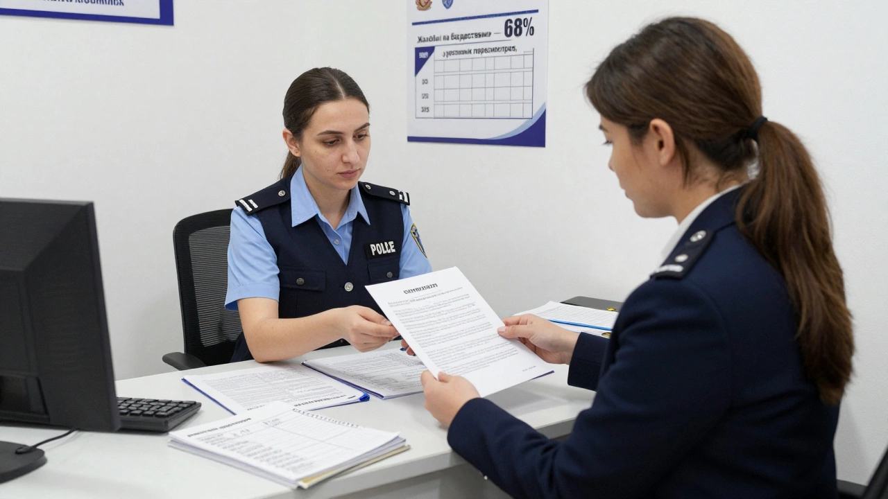 Женщина передает официальную жалобу в отдел внутреннего контроля полиции, на фоне статистики успешных пересмотров.