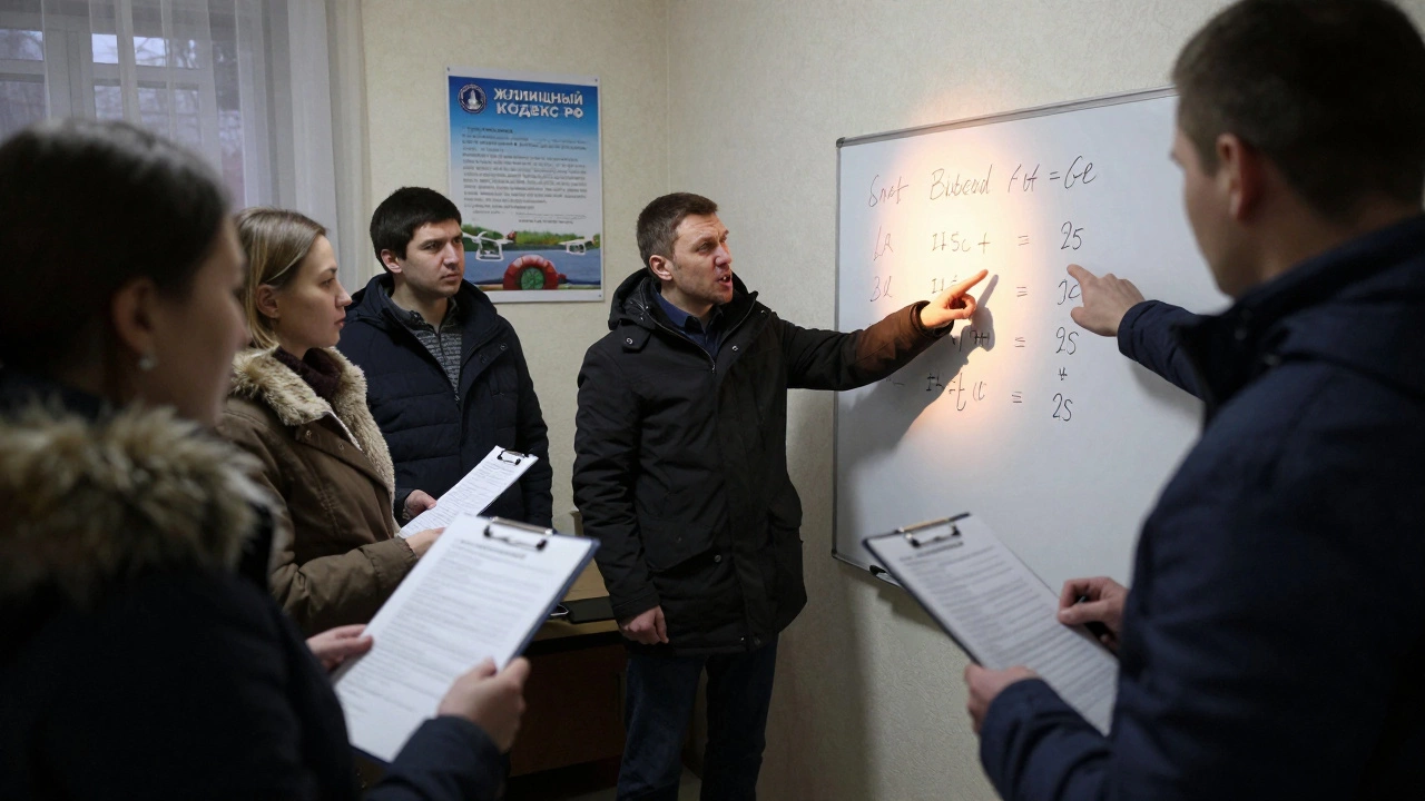 Жильцы на собрании в подъезде анализируют финансовые данные, один из них держит петицию об увольнении управляющей компании.