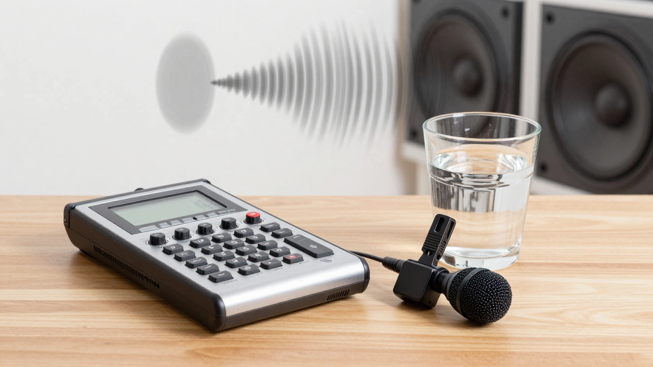 Диктофон и микрофон на столе рядом со стаканом воды, в котором дрожит поверхность