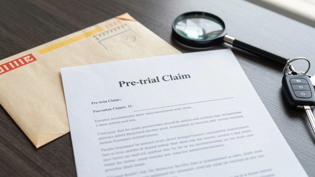 Досудебная претензия, почтовый конверт и чек на рабочем столе