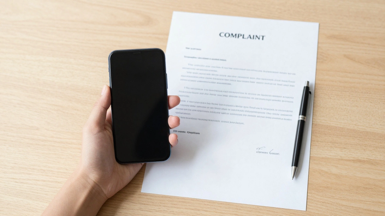 Официальное письмо-жалоба и смартфон на столе в светлой комнате