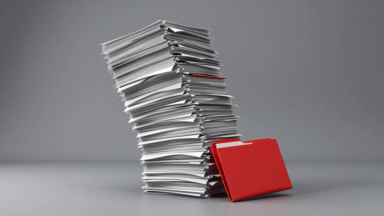Огромная стопка документов в офисе, символизирующая бюрократию