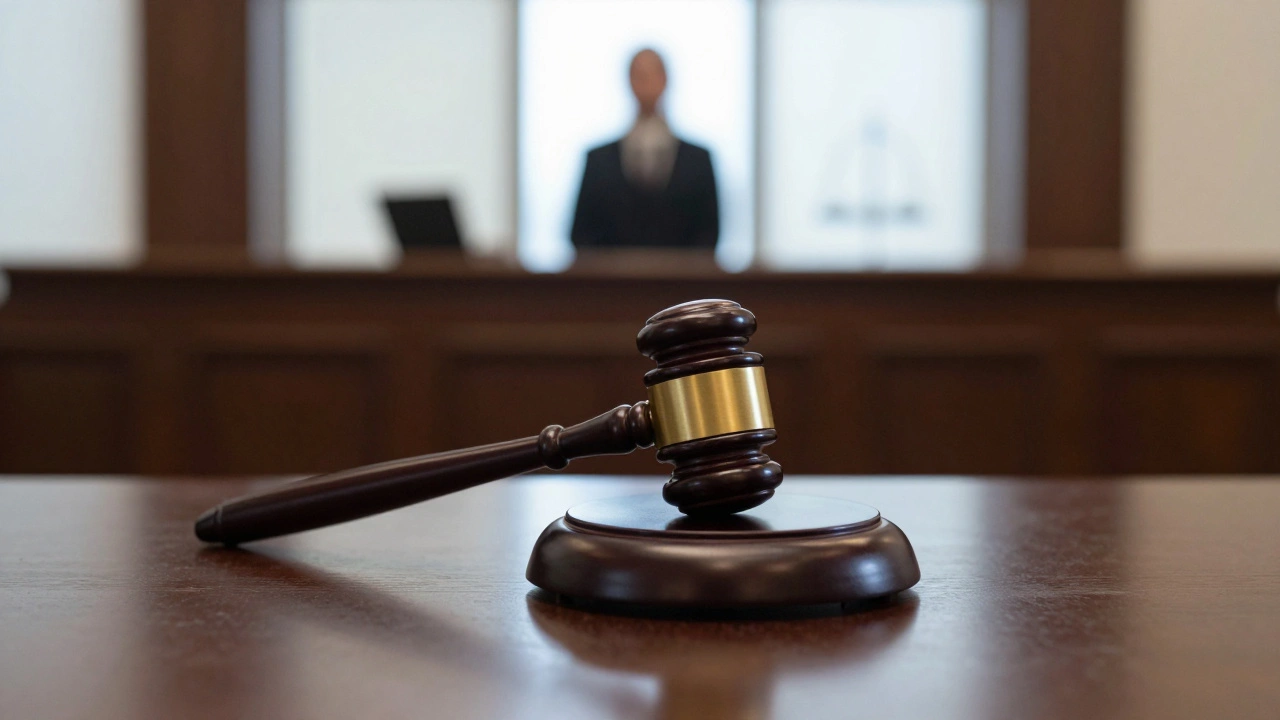 Судейский молоток на столе в зале суда, символизирующий закон и решение