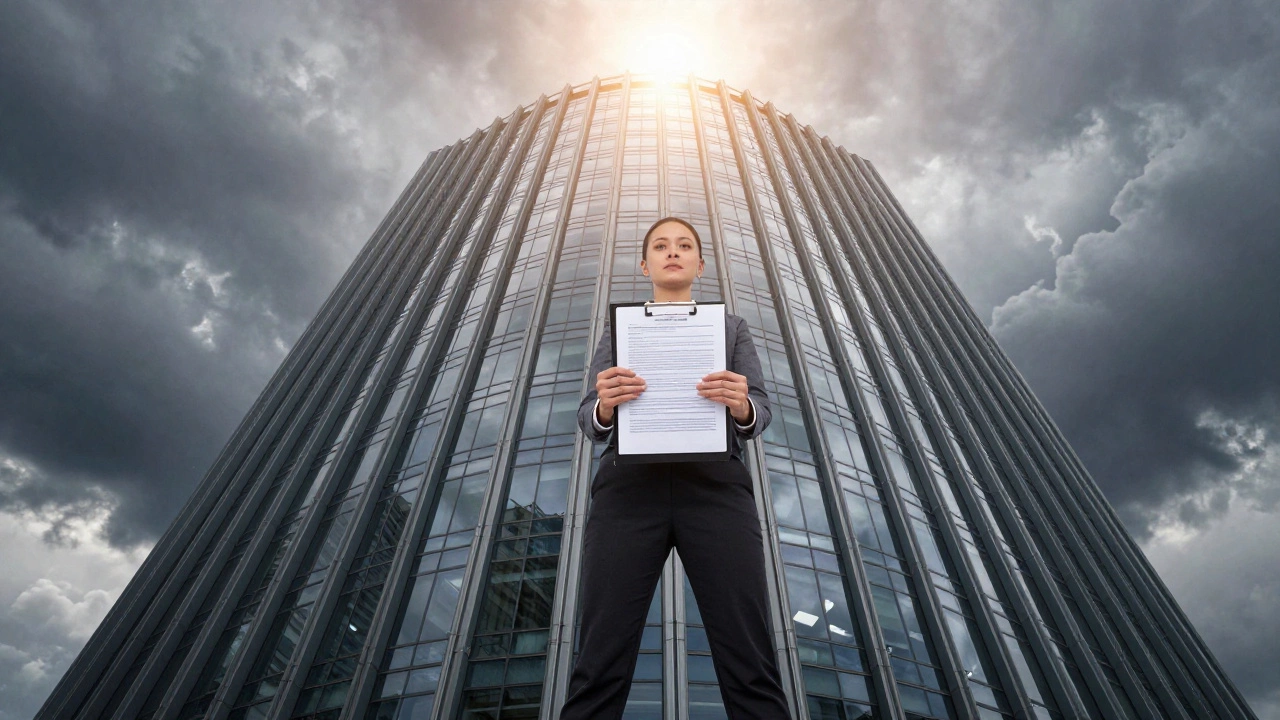 Уверенный человек с папкой документов перед зданием корпорации