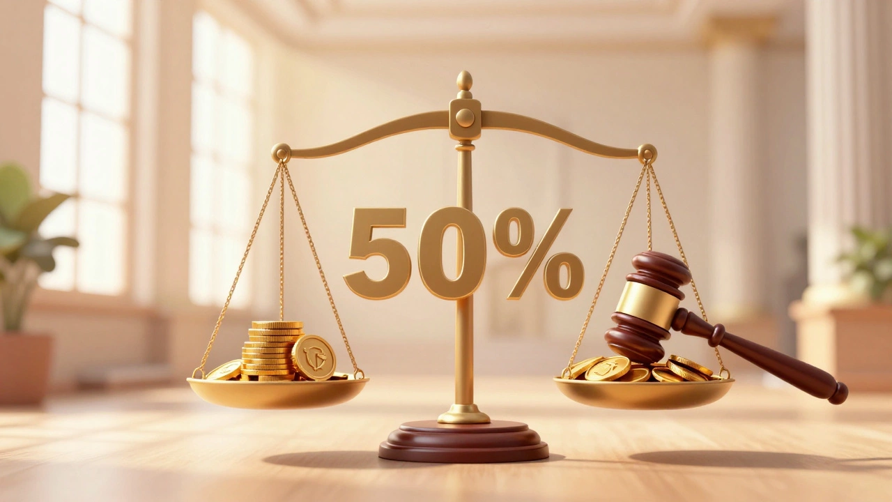 Весы правосудия с монетами и судейским молотком, символизирующие победу в суде