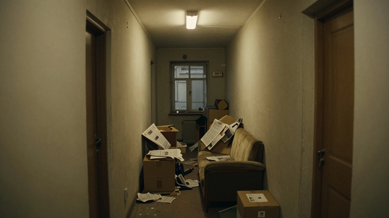 Захламленный коридор многоквартирного дома со старым диваном и газетами