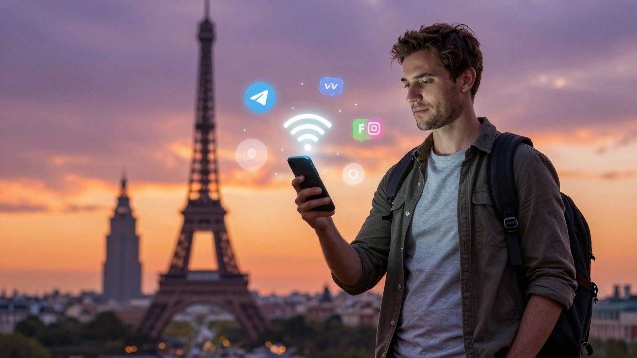 Путешественник использует мессенджеры банка через Wi-Fi