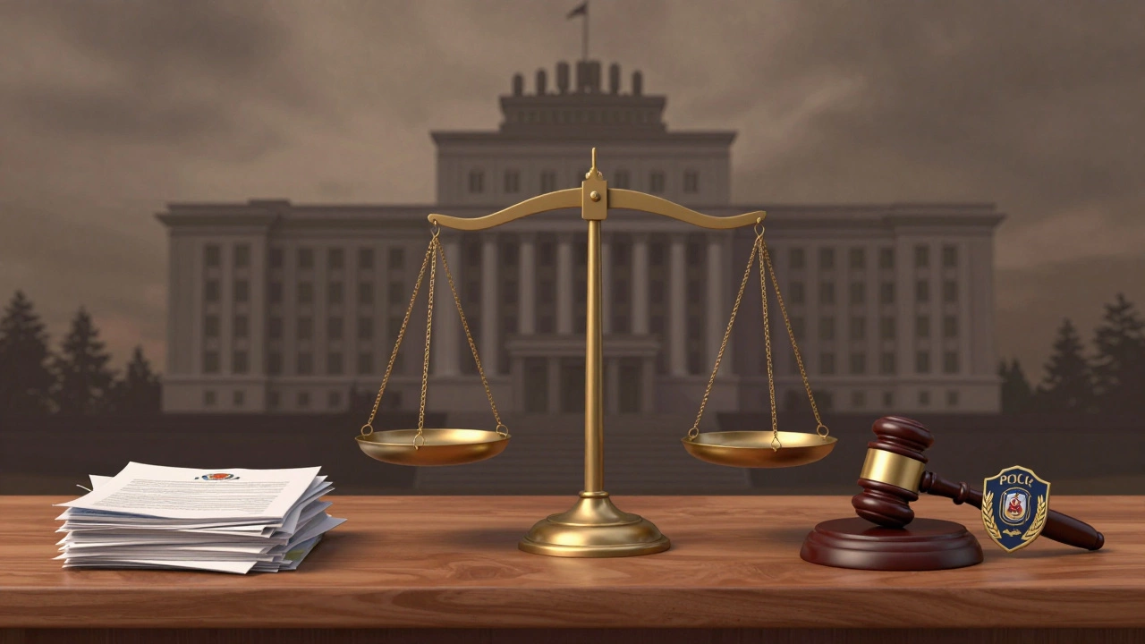 Весы правосудия с документами и молотком судьи