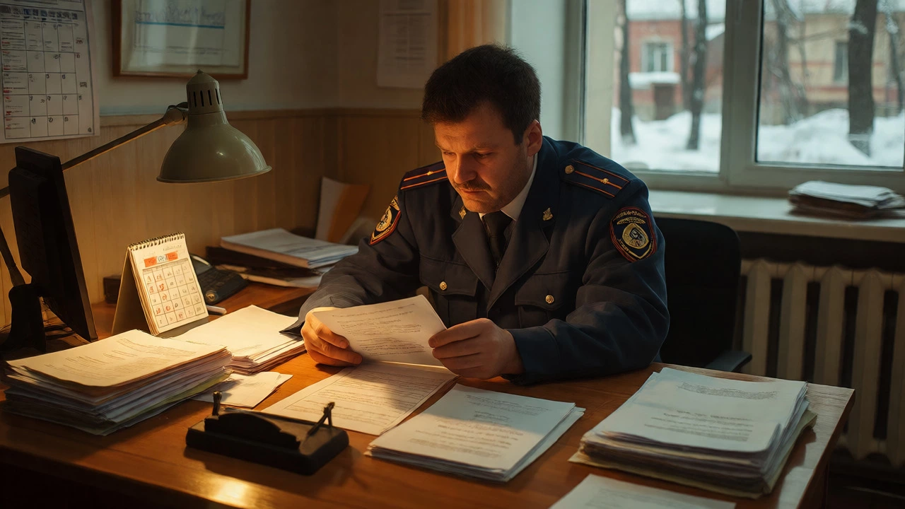 Инспектор жилищной инспекции изучает документы в офисе, отмечая сроки рассмотрения.