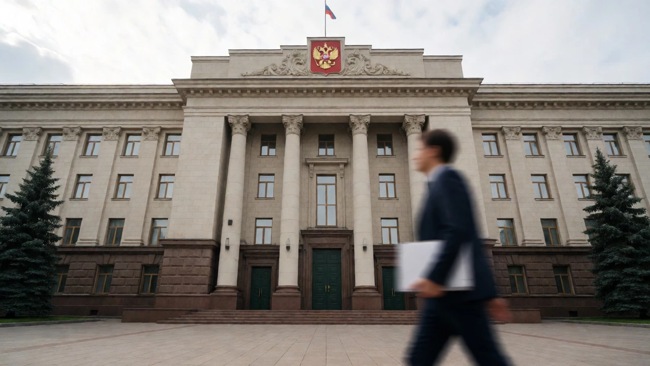 Вход в здание районной прокуратуры с человеком, идущим к дверям.